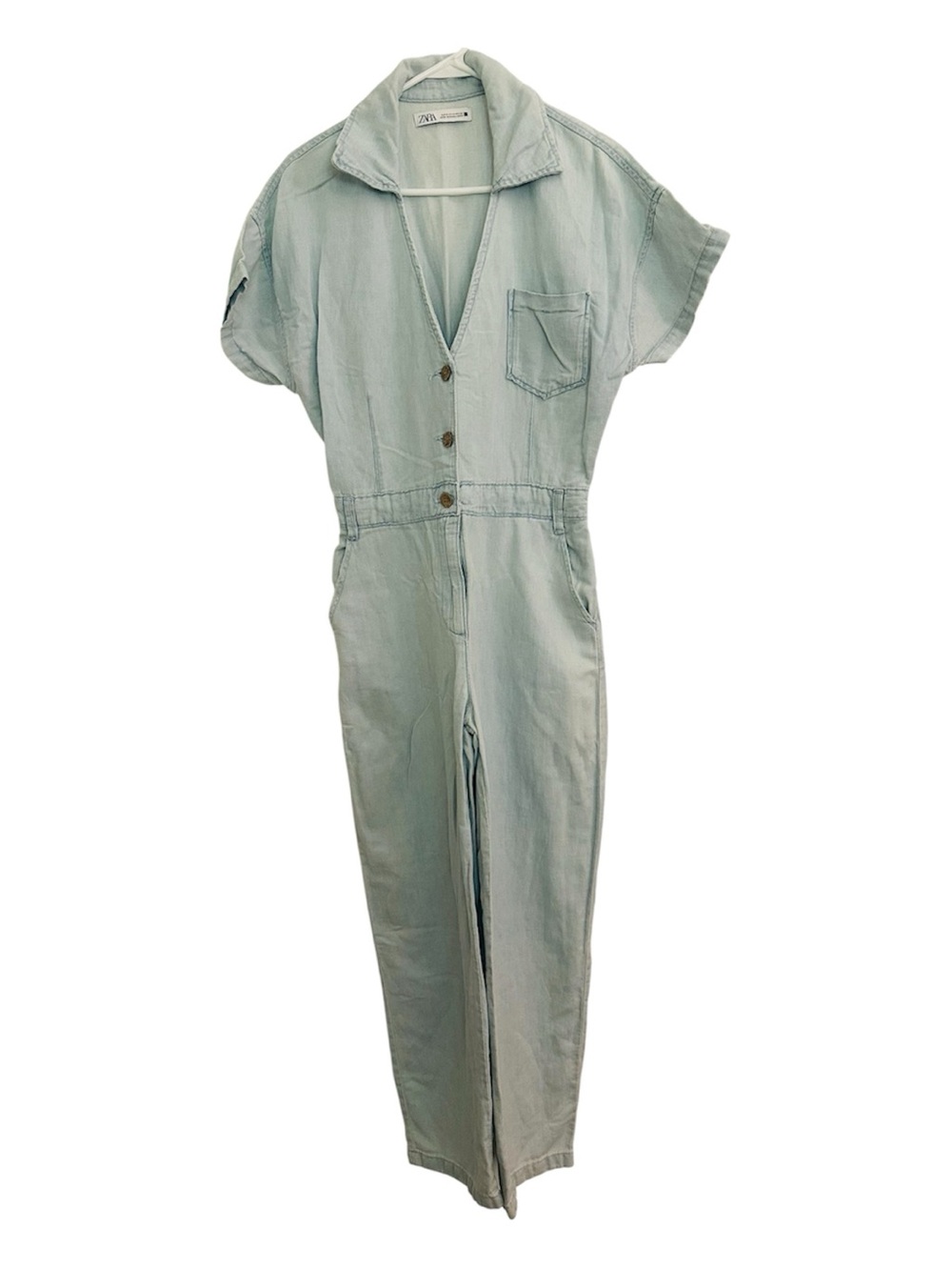 Zara Light Wash Denim Short Sleeve Jumpsuit Size Small